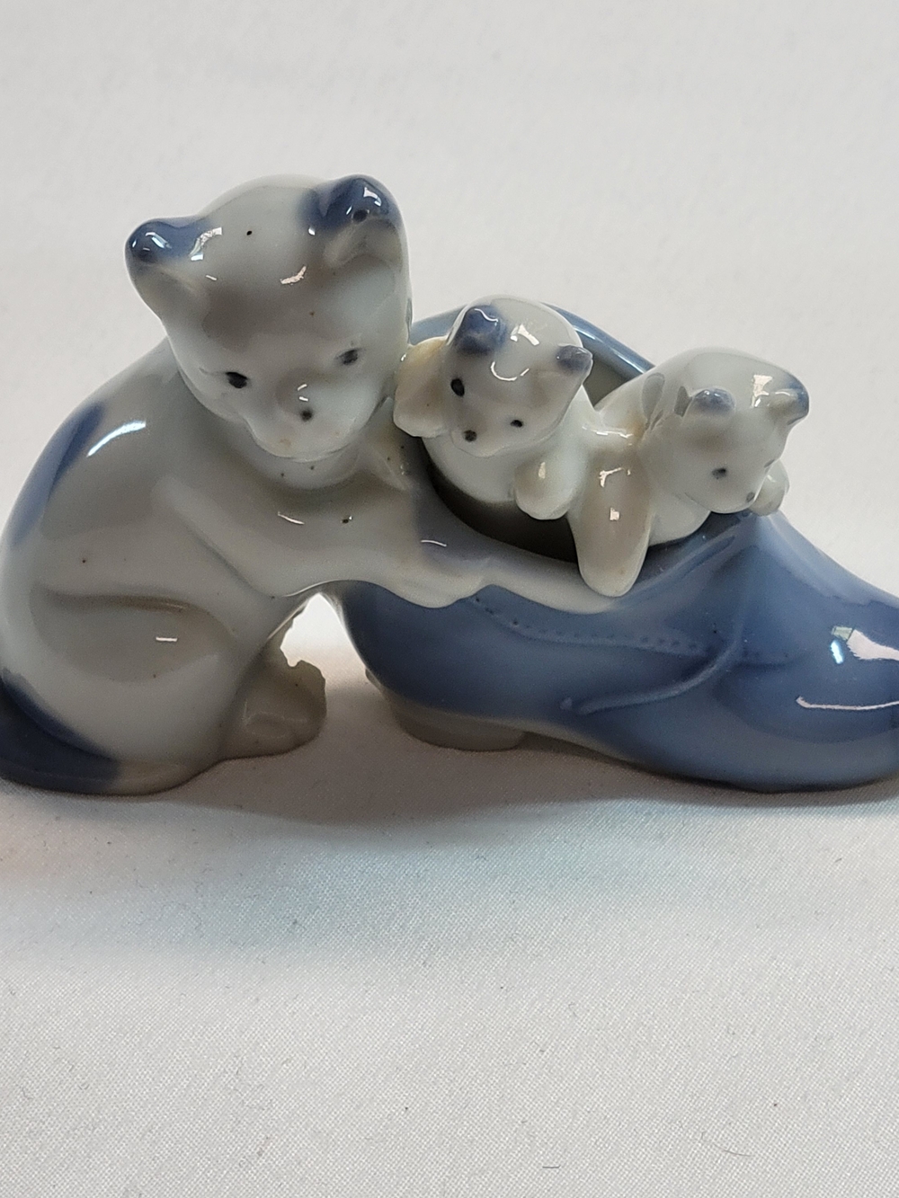 Vintage Occupied Japan Cat & Kittens in Blue Shoe Figurine Mid Century Cottage